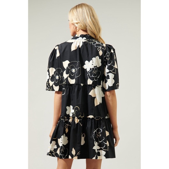 Sugarlips Dixie Split Neck Dress XS NWOT Black Taupe Floral Cotton Pockets Mini - Picture 4 of 7